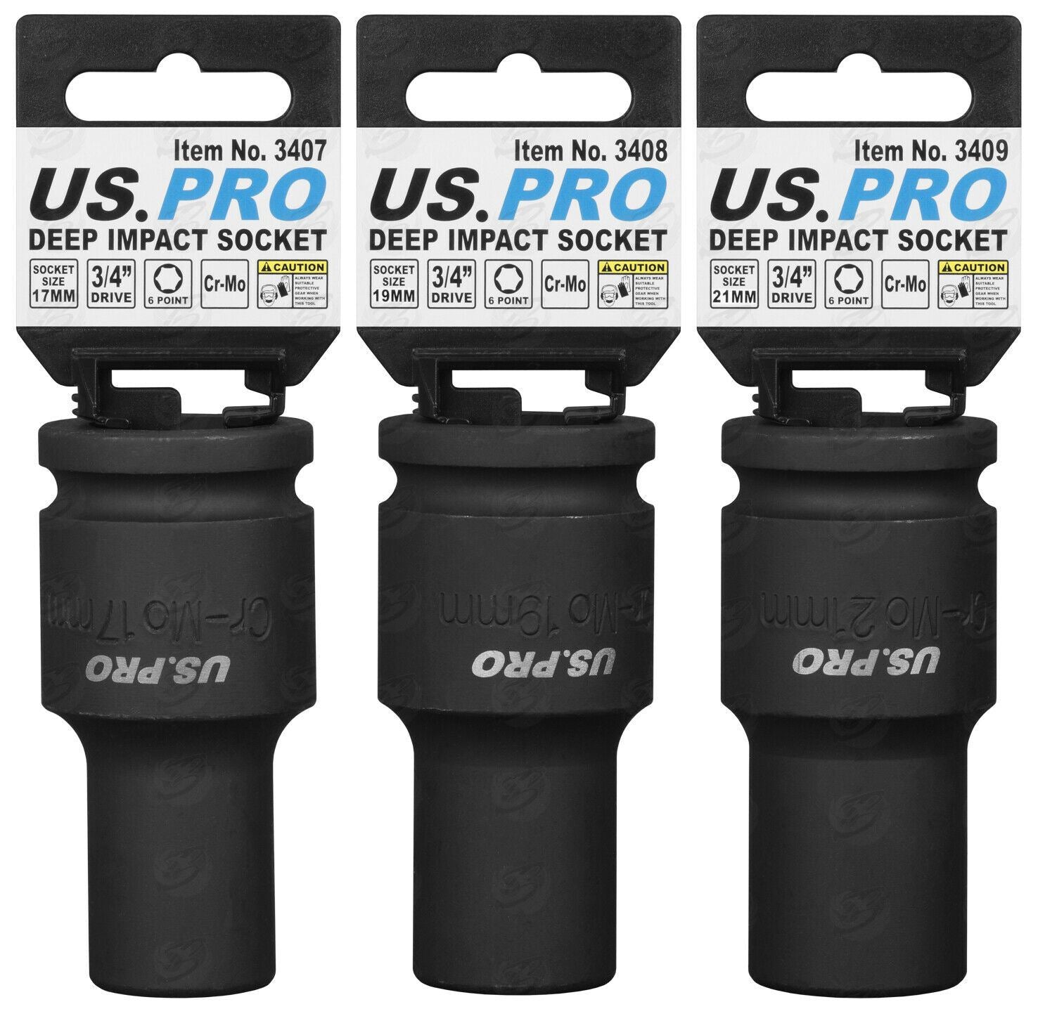 US PRO 3PCS 3/4" DRIVE 6 POINT DEEP IMPACT SOCKETS 17MM - 19MM - 21MM