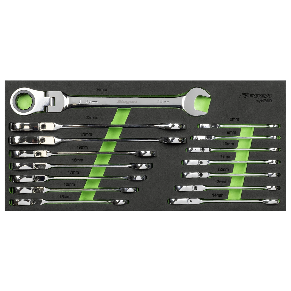 Siegen 15 Piece Combination Flexible Ratchet Spanners 8mm - 24mm In EVA Foam Storage Block With A Manufacturers LifeTime Guarantee S01329