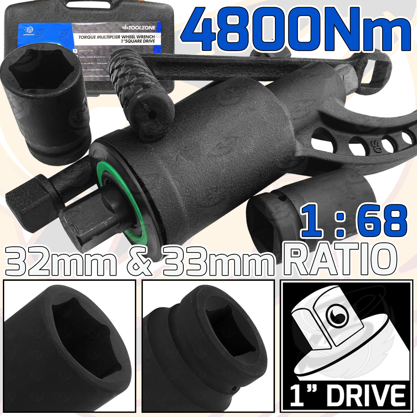 TOOLZONE 1" DRIVE TORQUE MULTIPLIER 1:68 RATIO UP TO 4800Nm ( 32MM & 33MM SOCKET INCLUDED )