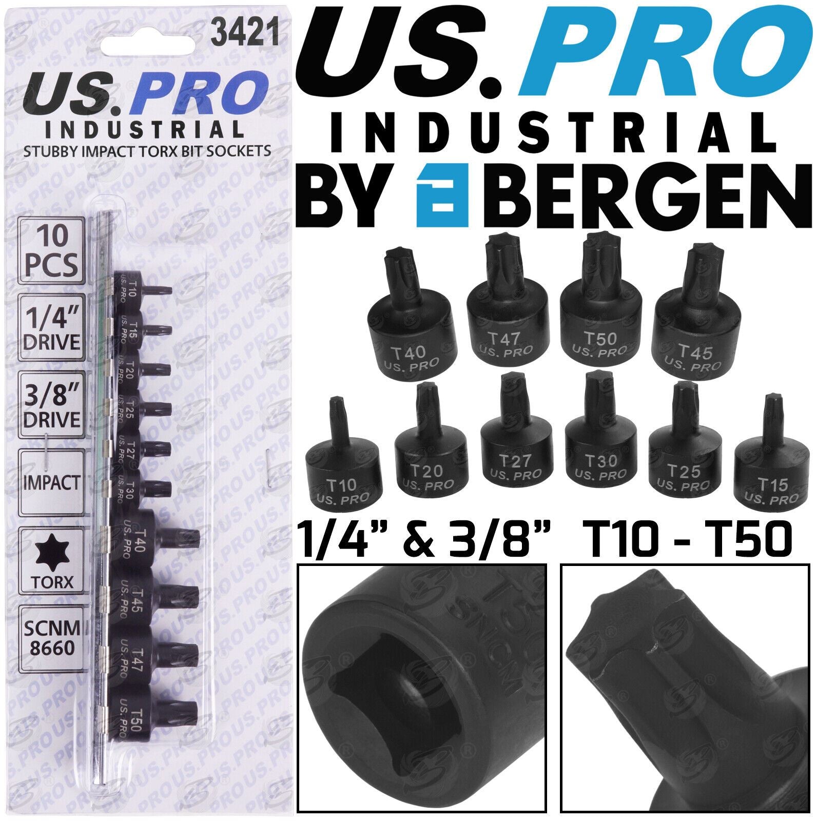 US PRO 10PCS 1/4" & 3/8" DRIVE STUBBY IMPACT TORX BIT SOCKETS T10 - T50