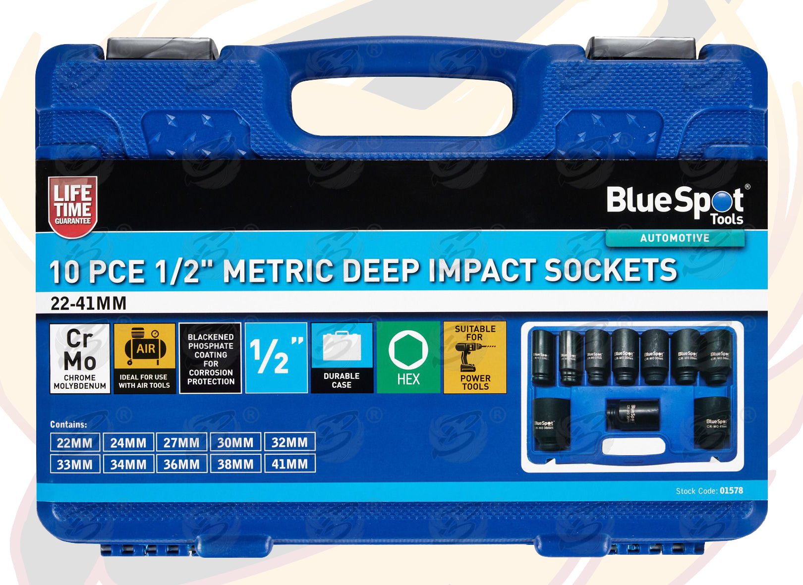 BLUESPOT 10PCS 1/2" DRIVE 6 POINT DEEP IMPACT SOCKETS 22MM - 41MM