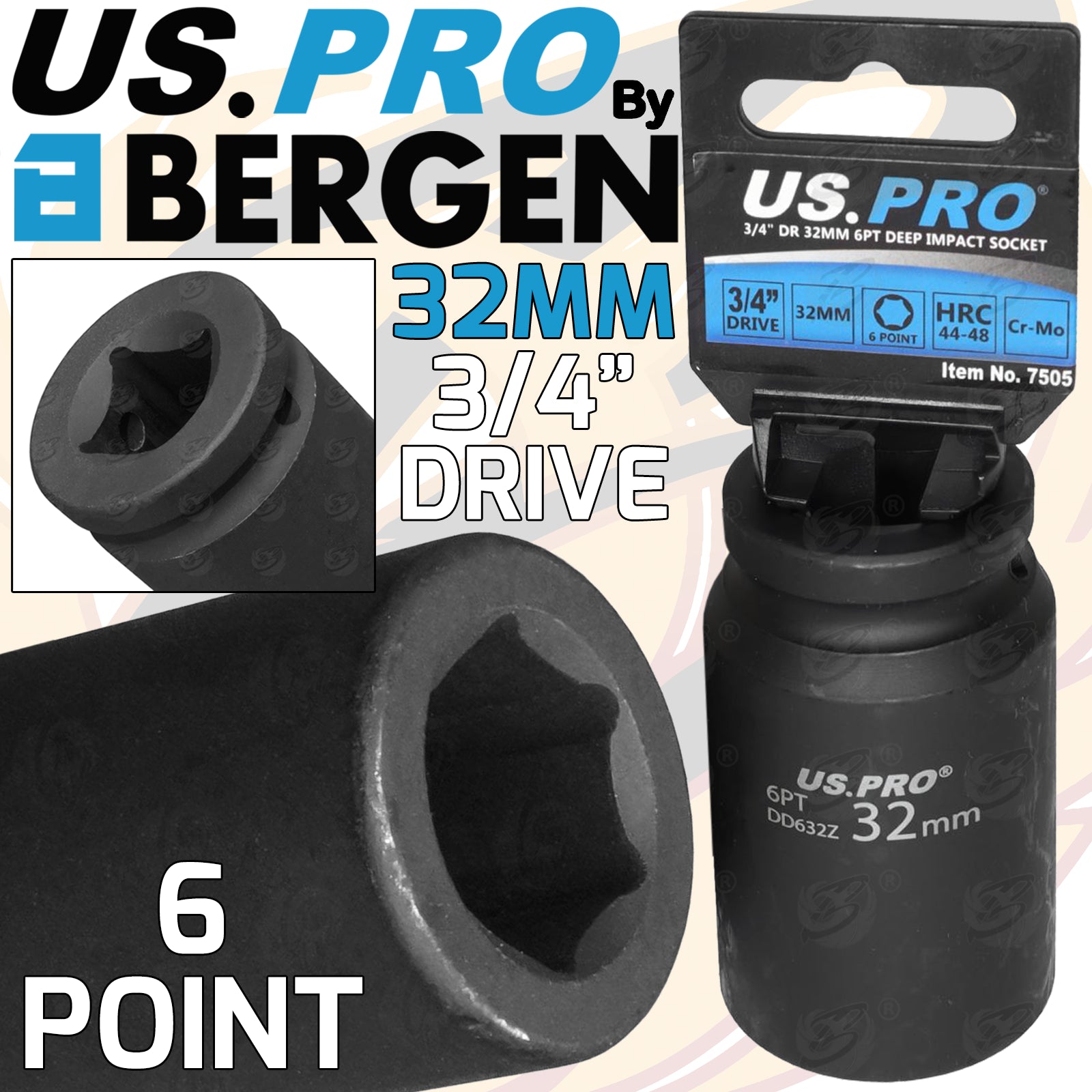 US PRO 32MM 3/4" DRIVE 6 POINT DEEP IMPACT SOCKET ( SINGLE )