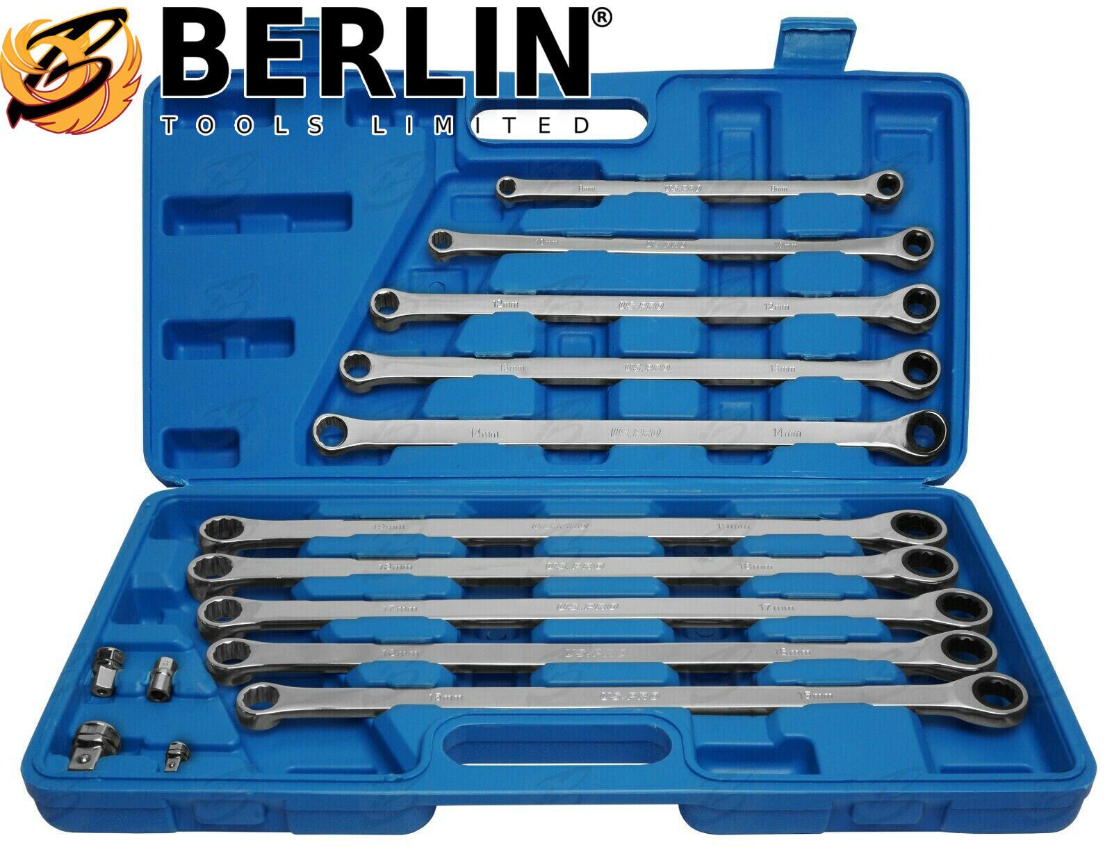 US Pro 10 Piece Single Ring Extra Long Ratchet Aviation Spanners 8mm - 10mm ( 3224 )