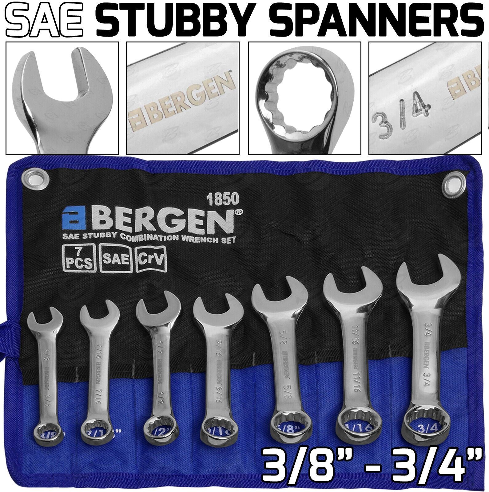 US PRO 7PCS STUBBY SAE COMBINATION SPANNERS 3/8" - 3/4"