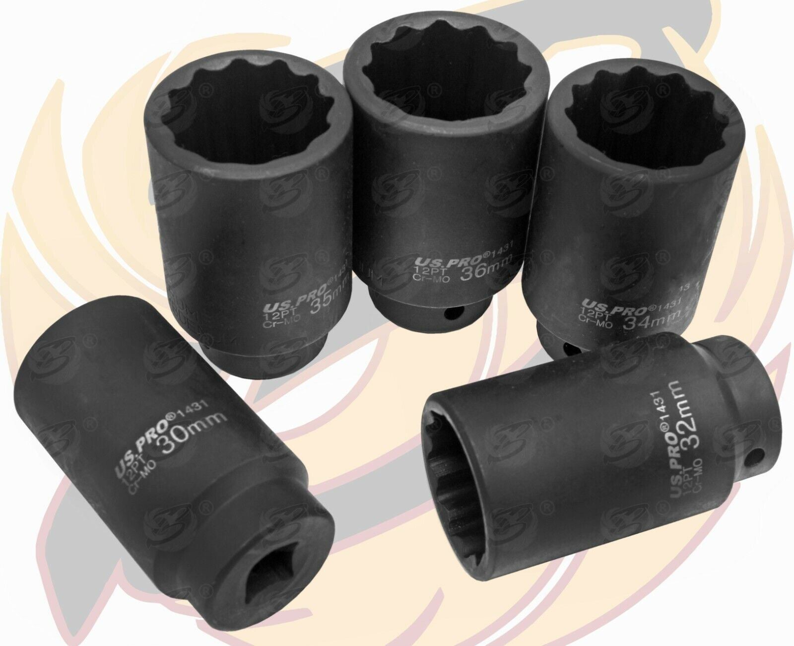US Pro 5 Piece 1/2" Drive 12 Point Deep Impact Sockets 30mm - 36mm 1431