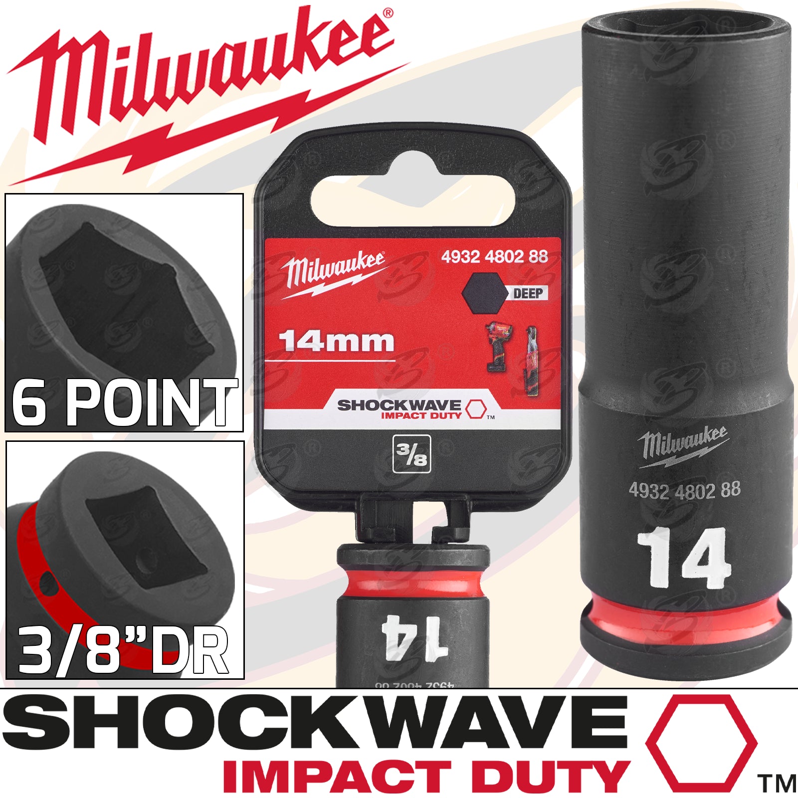 MILWAUKEE 14MM 3/8" DRIVE 6 POINT DEEP IMPACT SOCKET ( SINGLE )