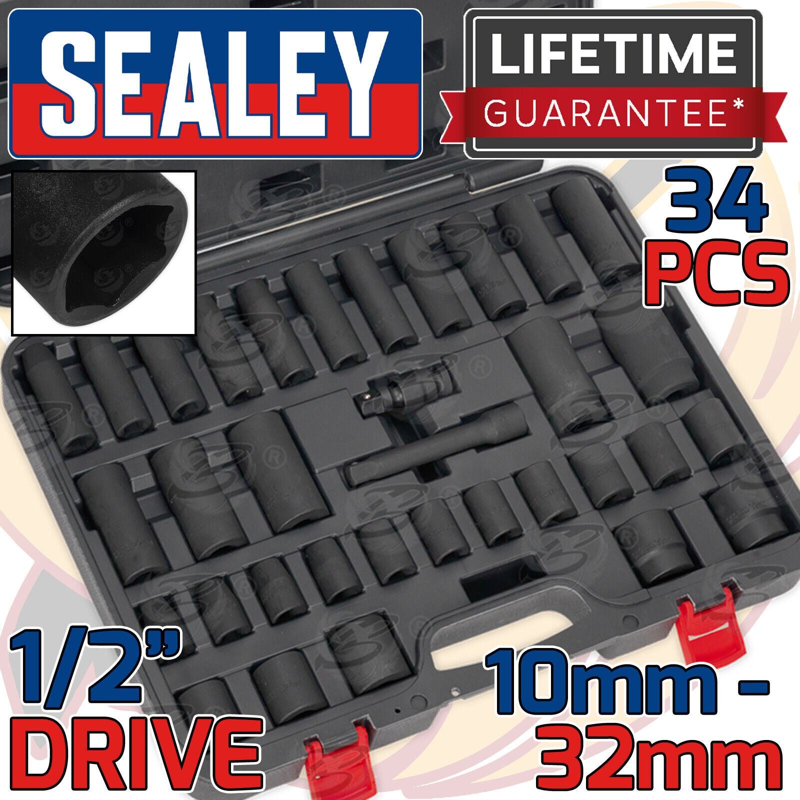 SEALEY 34PCS 1/2" DRIVE 6 POINT DEEP & SHALLOW IMPACT SOCKET SET 10MM - 32MM