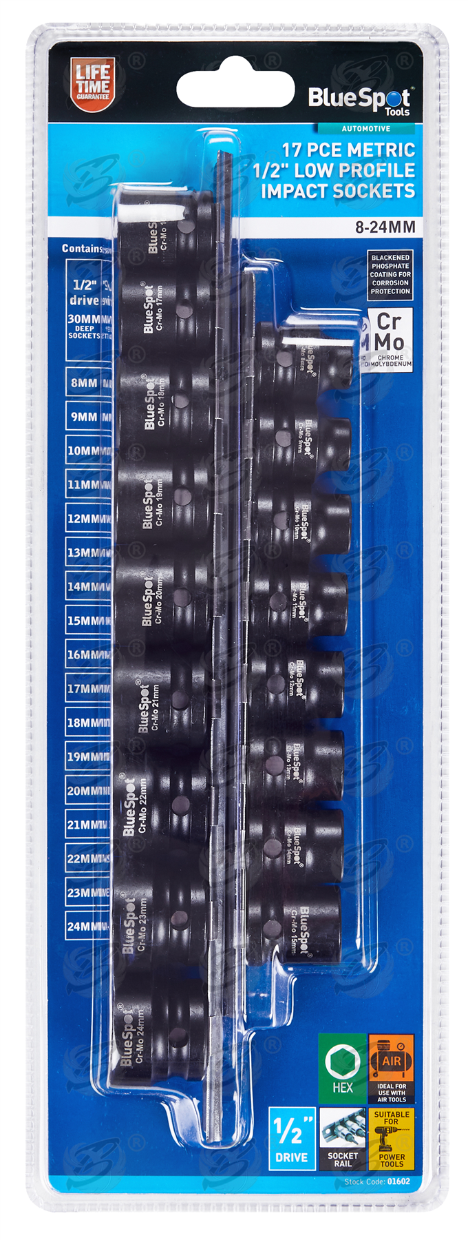 BlueSpot 17 Piece Metric 1/2" Low Profile Impact Sockets (8-24mm) ( 01602 )