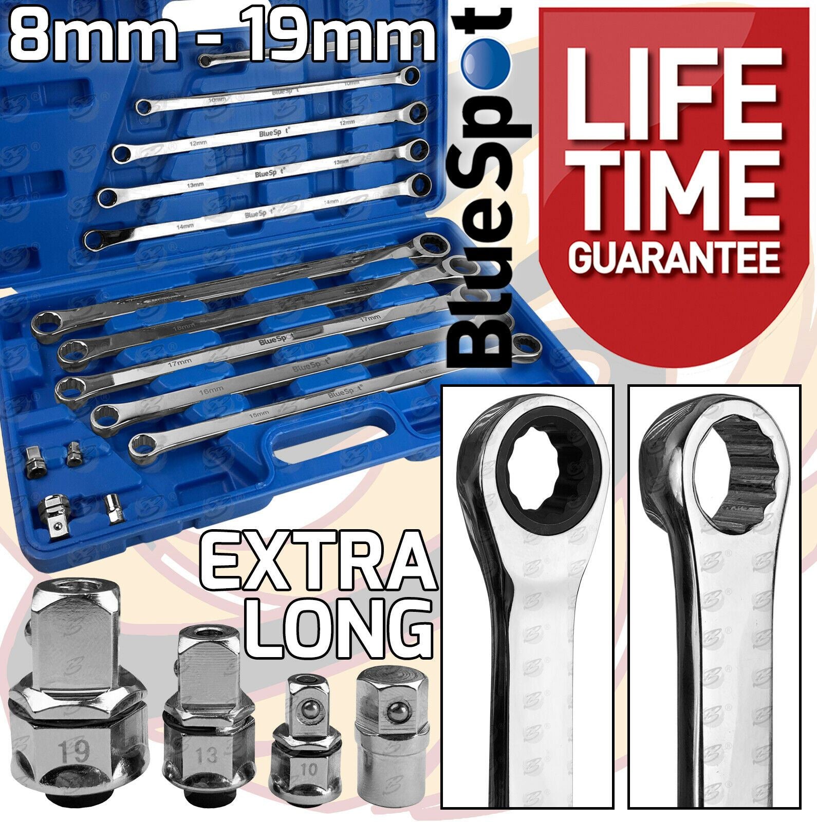 BLUESPOT 10PCS SINGLE RING EXTRA LONG RATCHET AVIATION SPANNERS 8MM - 19MM