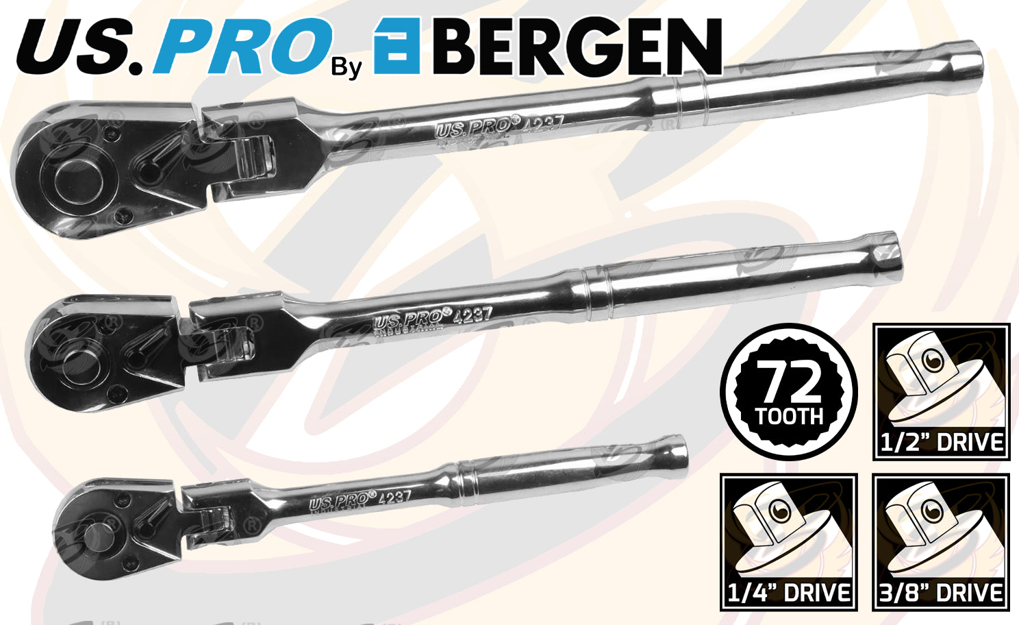 US PRO 3PC FLEXI HEAD RATCHET SET 1/4" -  3/8" - 1/2" DRIVES