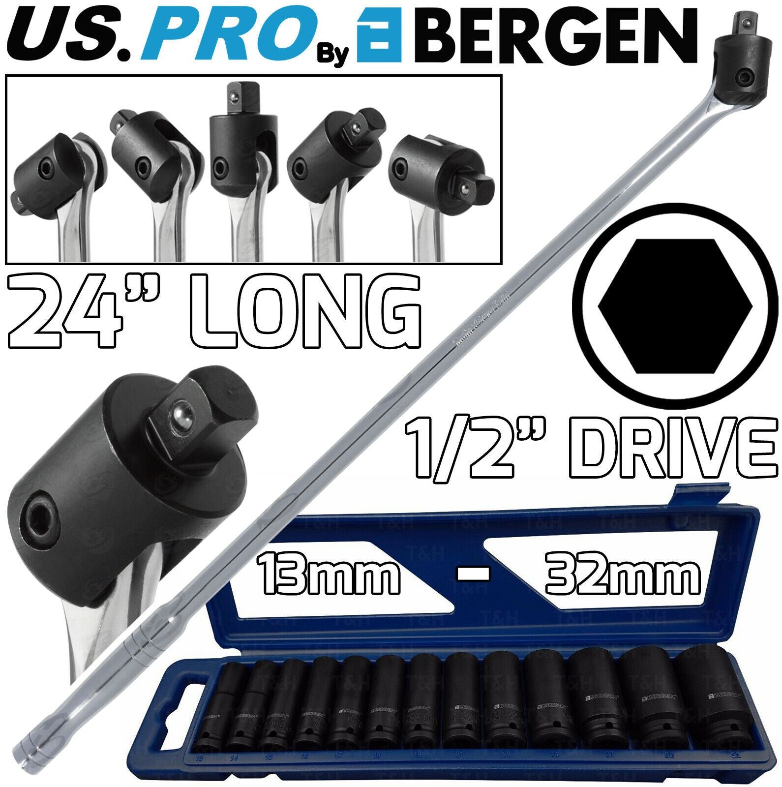 US PRO 1/2" DRIVE 24" LONG BREAKER BAR & 13PCS 6 POINT DEEP IMPACT SOCKETS 13MM - 32MM