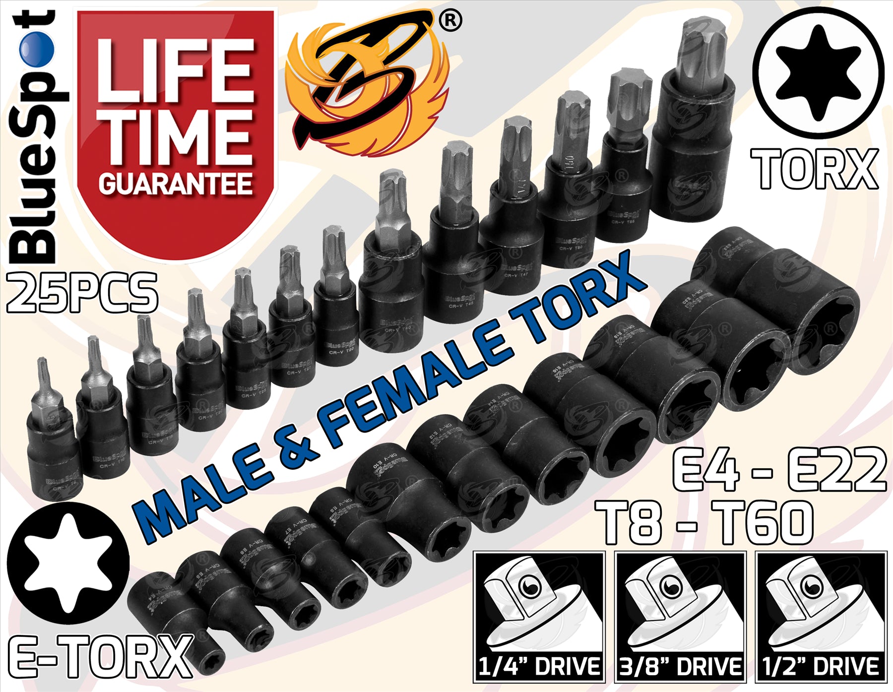 BLUESPOT 25PCS 1/4" & 3/8" & 1/2" DRIVE TORX & E - TORX SOCKETS ( E4 - E22 ) ( T8 - T60 )