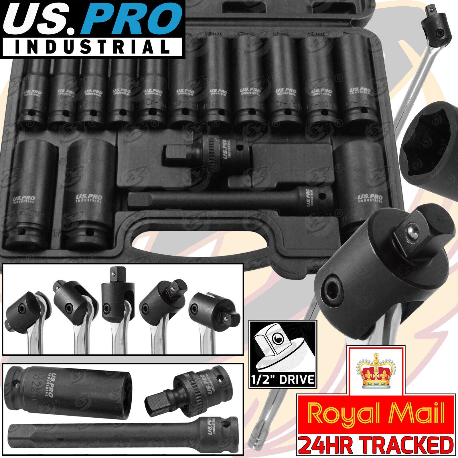 US PRO INDUSTRIAL 1/2" DRIVE 24" LONG BREAKER BAR & 16PCS 6 POINT DEEP IMPACT SOCKETS 10MM - 32MM