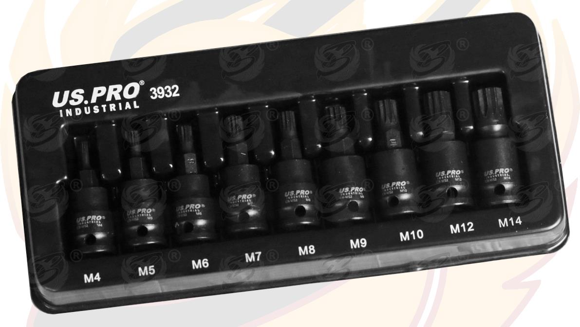 US PRO INDUSTRIAL 9PCS 3/8" DRIVE IMPACT SPLINE BIT SOCKETS M4 - M15