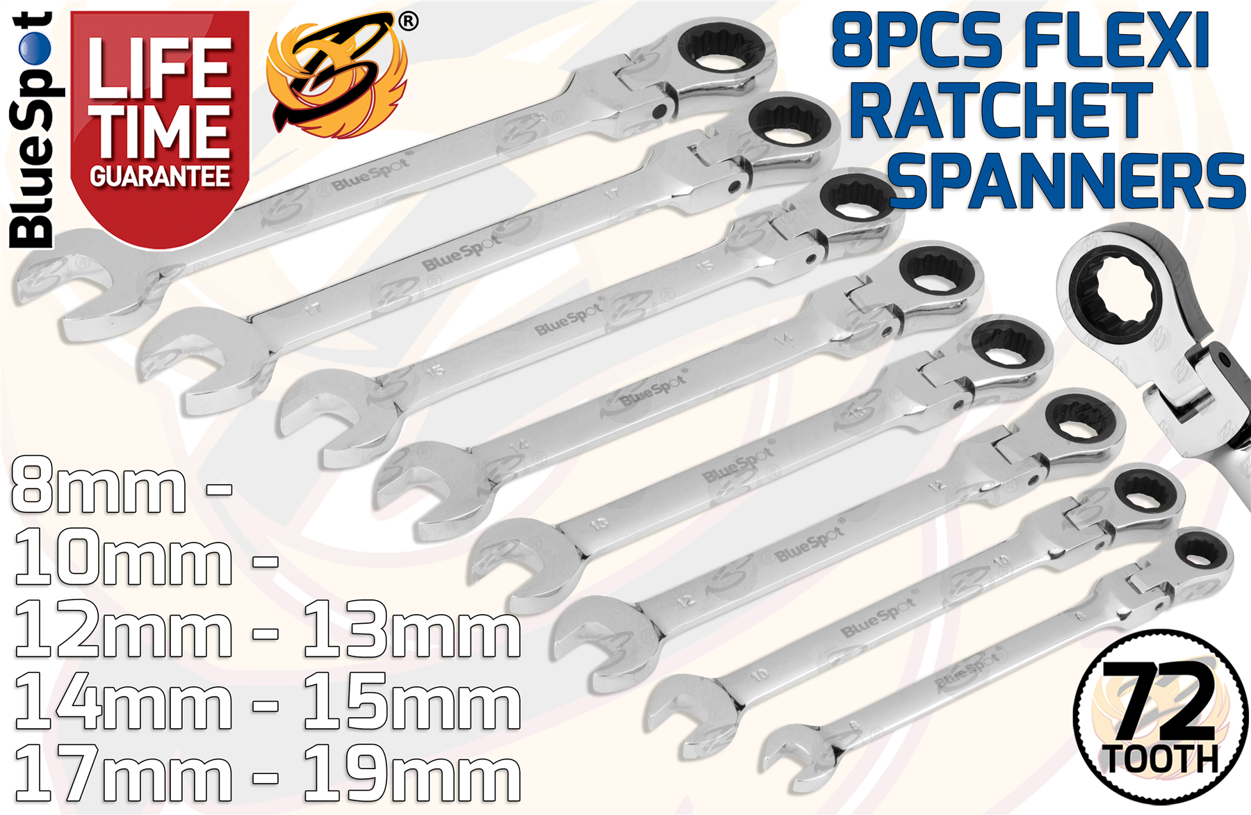 BlueSpot 8 Piece Flexible Ratchet Spanner Set 8mm - 19mm ( 04300 )