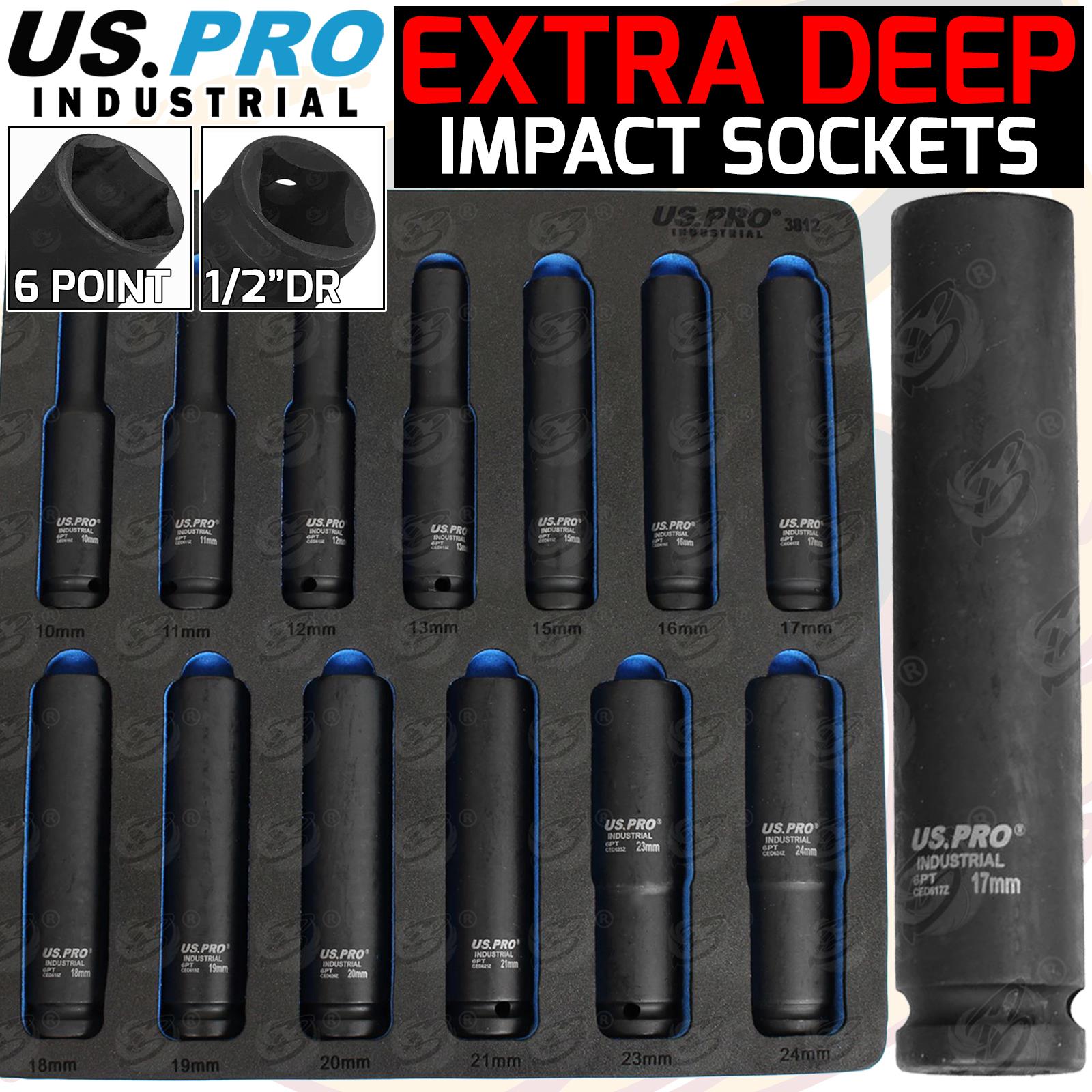 US PRO INDUSTRIAL 13PCS 1/2" DRIVE 6 POINT EXTRA DEEP IMPACT SOCKET SET 10MM - 24MM