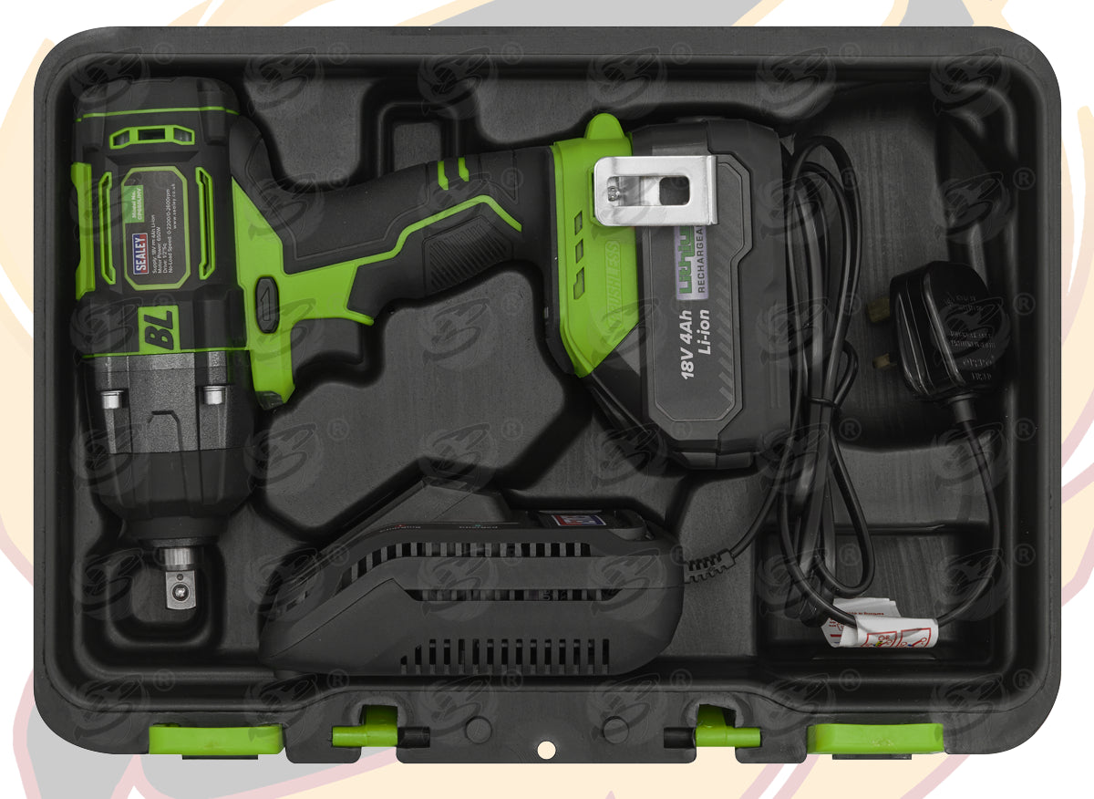 SEALEY 18V 4Ah 1/2" DRIVE BRUSHLESS CORDLESS IMPACT WRENCH 650Nm & 13PCS 6 POINT SHALLOW IMPACT SOCKETS 10MM - 24MM