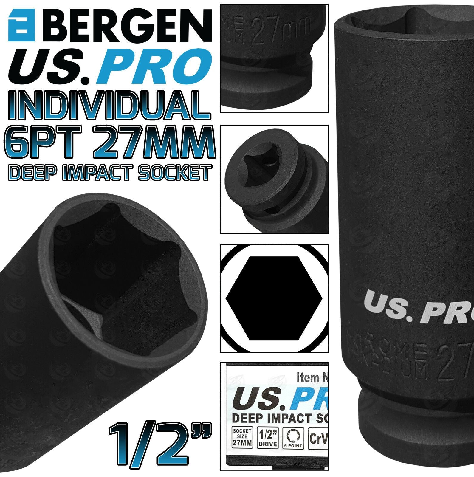 US PRO 27MM 1/2" DRIVE 6 POINT DEEP IMPACT SOCKET ( SINGLE )