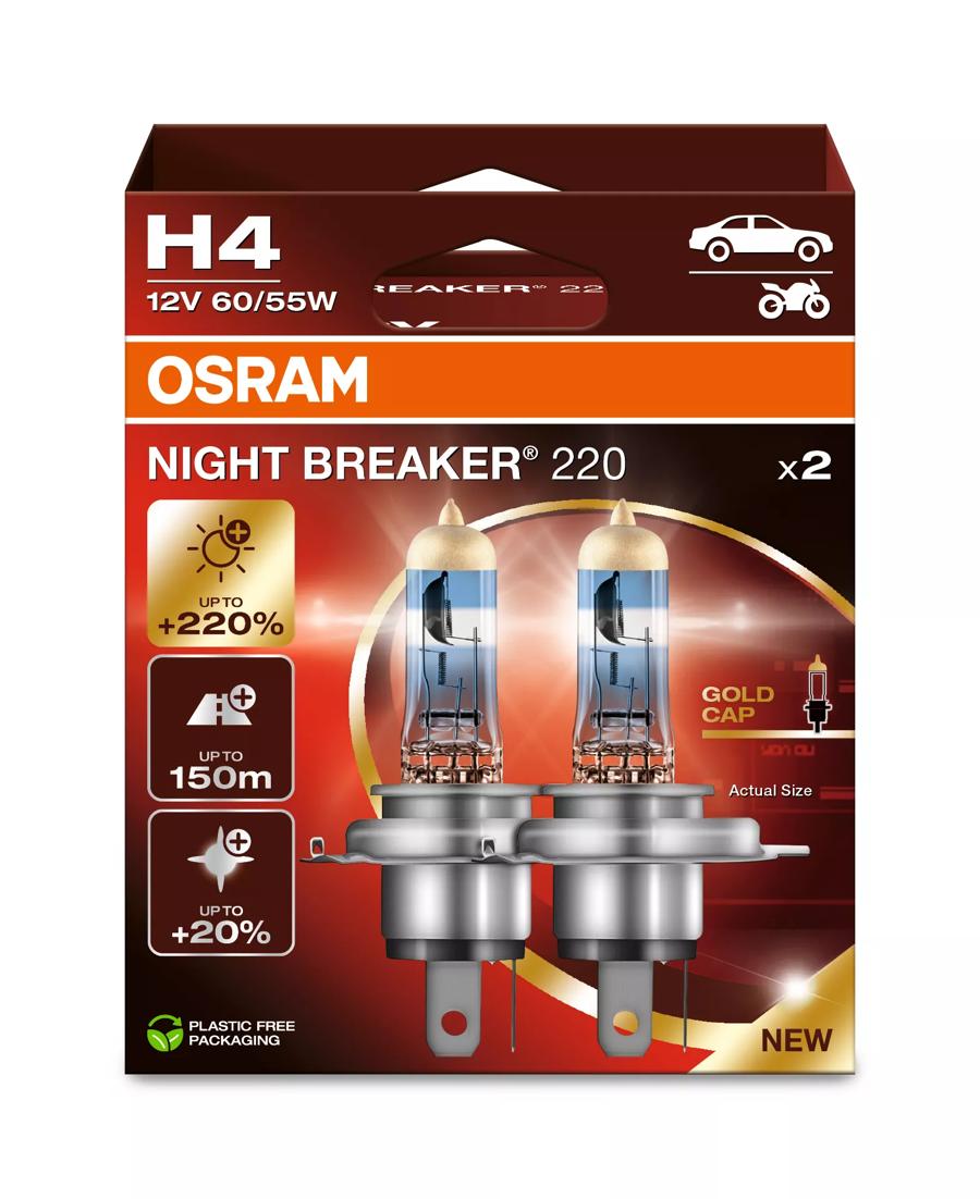 OSRAM H4 Night Breaker +220% Headlight Bulbs ( Twin Pack )  64193NB220 - 2HB