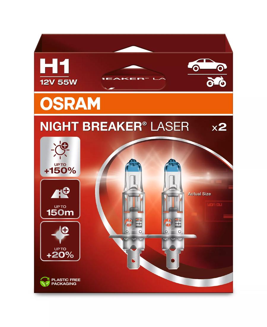 OSRAM H1 Night Breaker Laser +150% Headlight Bulbs ( Twin Pack )  64150NL - 2HB