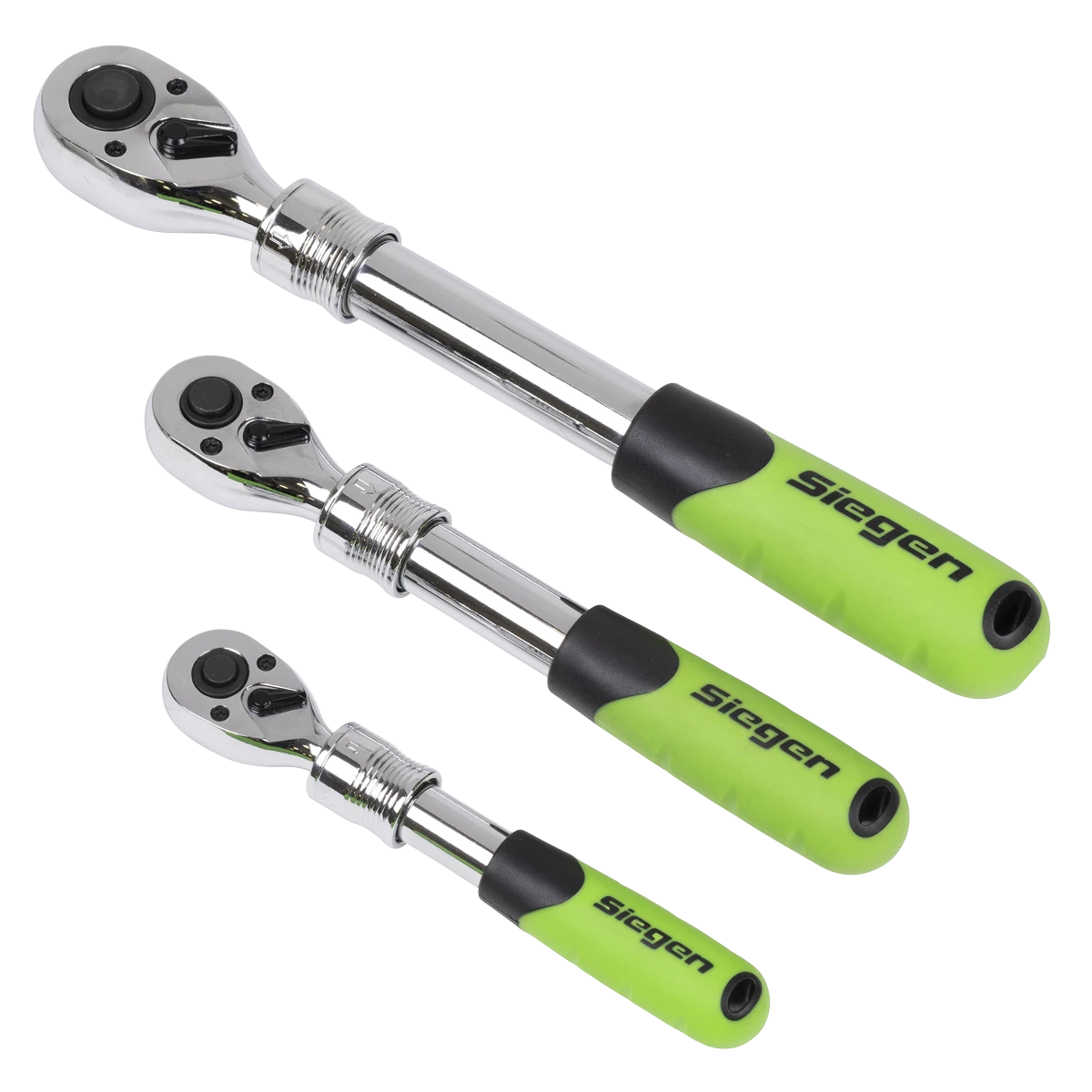Siegen 3 Piece 1/4" & 3/8" & 1/2" Drive 72 Tooth Extendable Ratchet Handles In EVA Foam Storage Block With A Manufacturers LifeTime Guarantee S01285