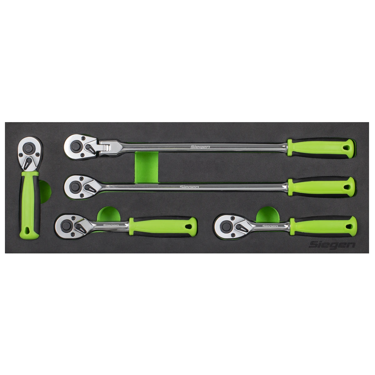 Siegen 5 Piece 1/4" Drive 72 Tooth Mixed Length, Standards & Flexible Head Ratchet Handle Set In EVA Foam Storage Block With A Manufacturers LifeTime Guarantee S01290