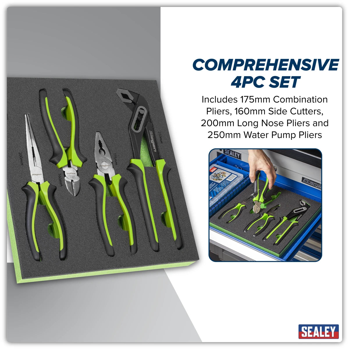 Siegen 4 Piece Comfort Grip Pliers Set ( Combi - Cutters - Long Nose - Water Pump ) In EVA Foam Storage Block With A Manufacturers LifeTime Guarantee S01298