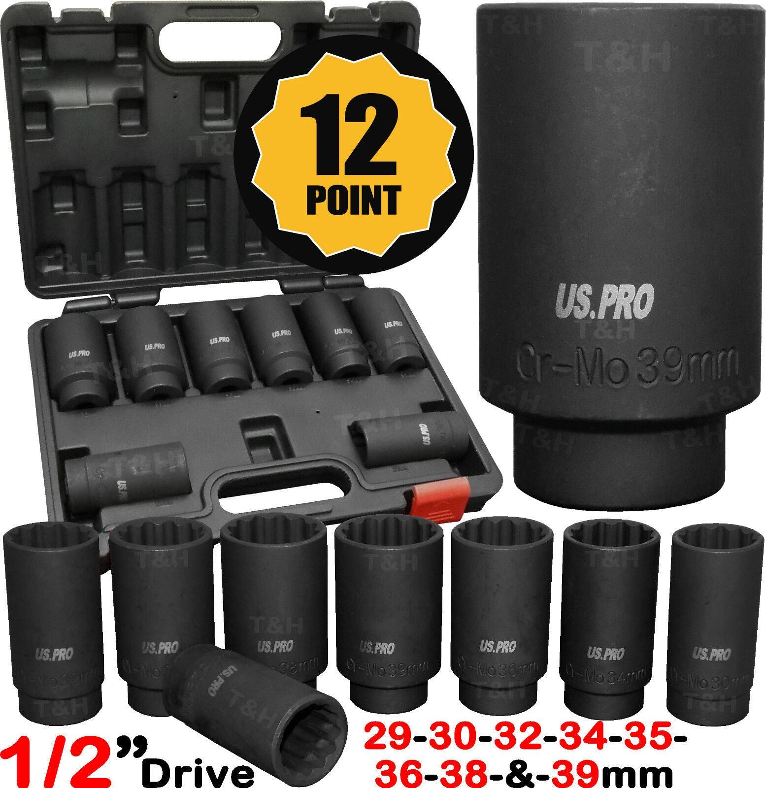 US PRO 8PCS 1/2" DRIVE 12 POINT DEEP IMPACT SOCKETS 29MM - 39MM