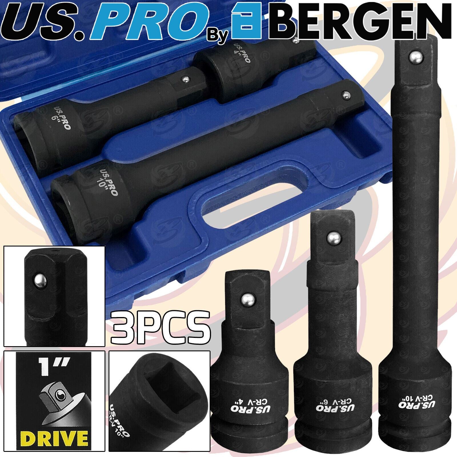 US PRO 3PCS 1" DRIVE IMPACT EXTENSION BARS 4" - 6" - 10"