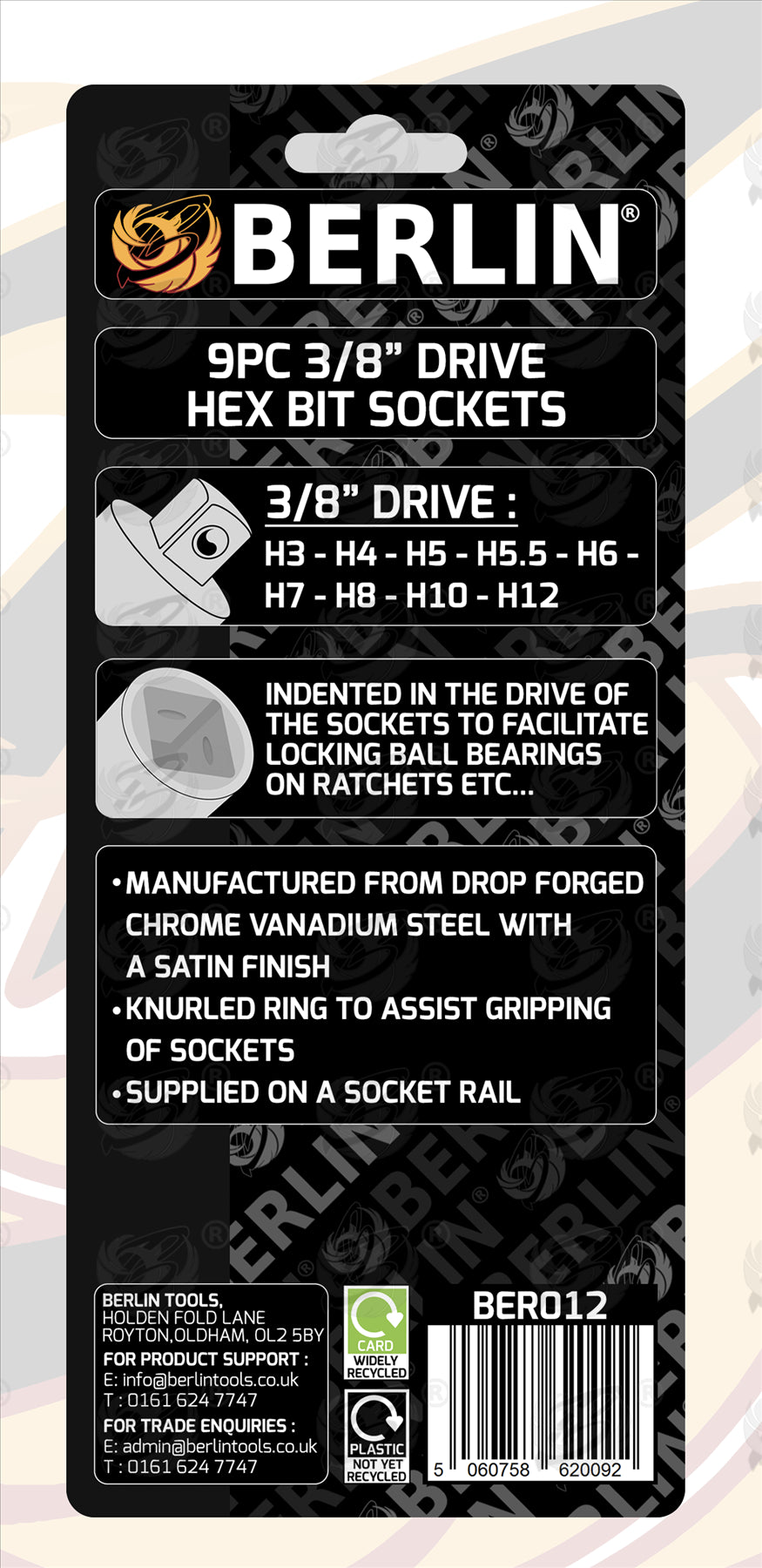 BERLIN 9PCS 3/8" DRIVE HEX BIT SOCKETS H3 - H12