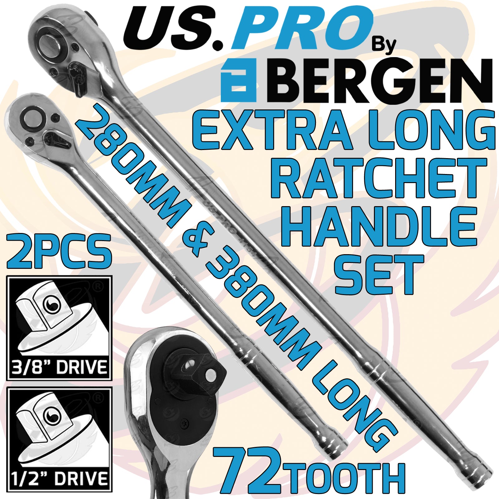 US PRO 2PCS 3/8" & 1/2" DRIVE 72 TOOTH EXTRA LONG RATCHET HANDLES