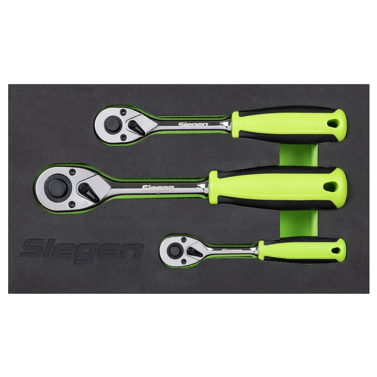 Siegen 3 Piece 1/4" & 3/8" & 1/2" Drive 72 Tooth Ratchet Handle Set In EVA Foam Storage Block With A Manufacturers LifeTime Guarantee S01331