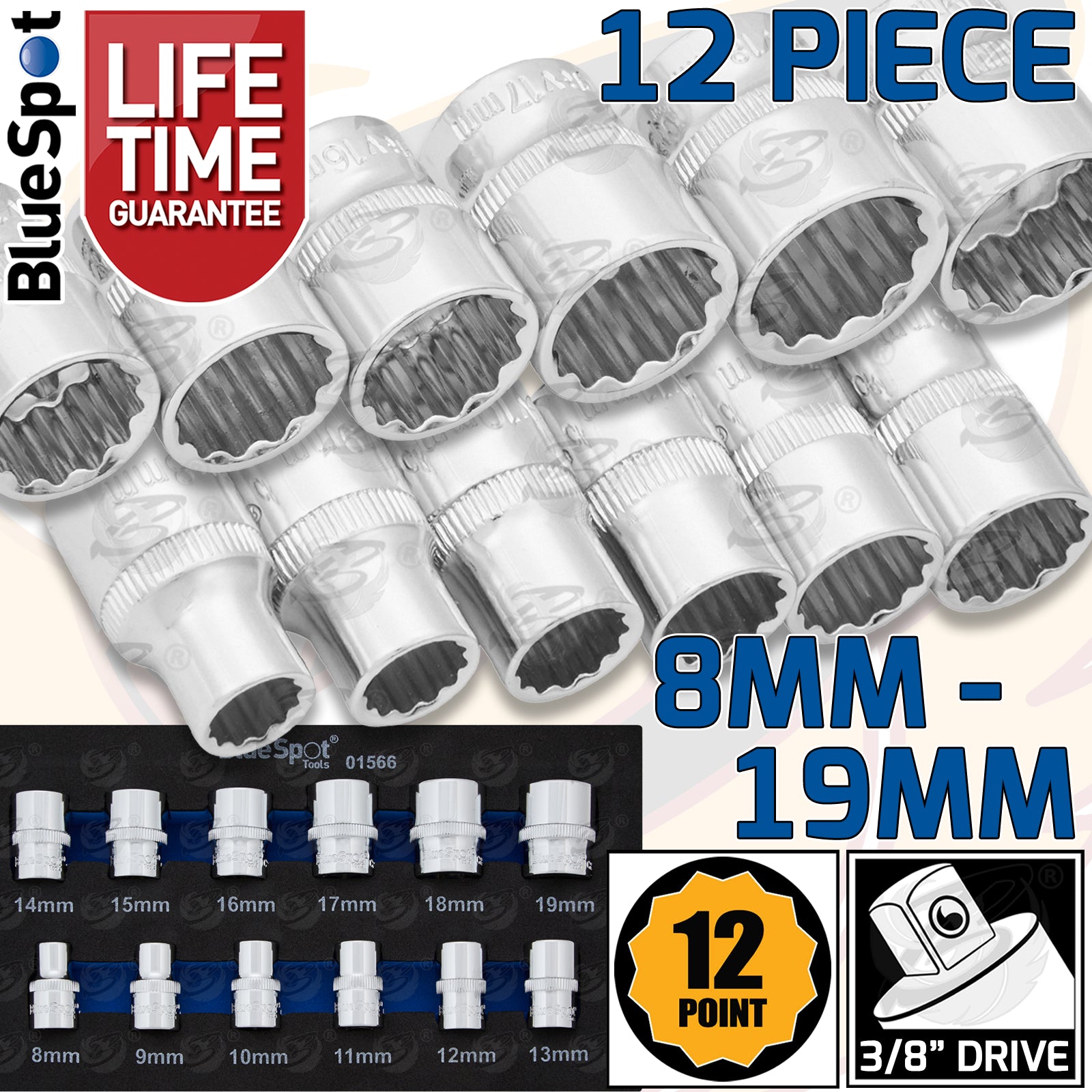 BLUESPOT 12PCS 3/8" DRIVE 12 POINT SHALLOW SOCKETS 8MM - 19MM