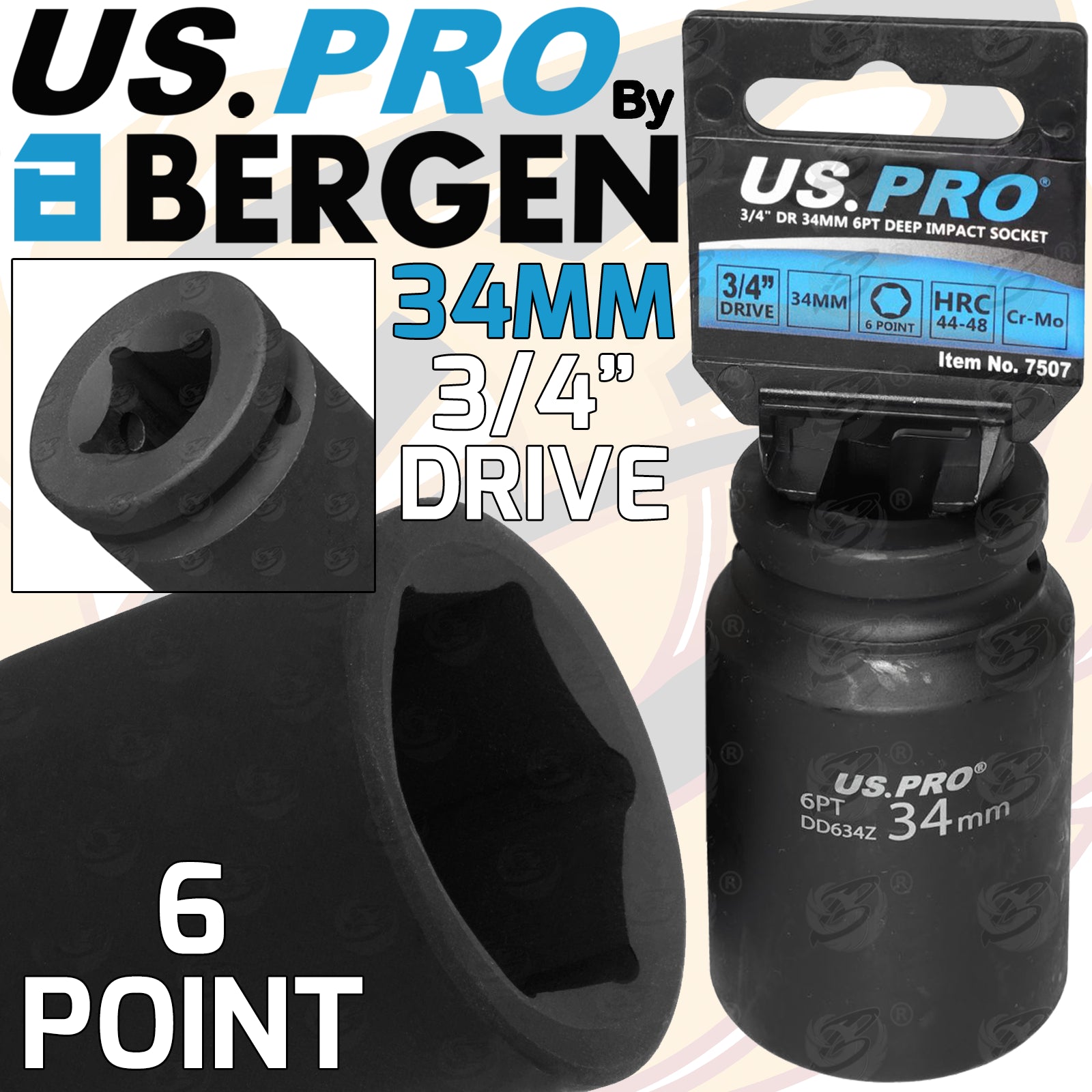 US PRO 34MM 3/4" DRIVE 6 POINT DEEP IMPACT SOCKET ( SINGLE )