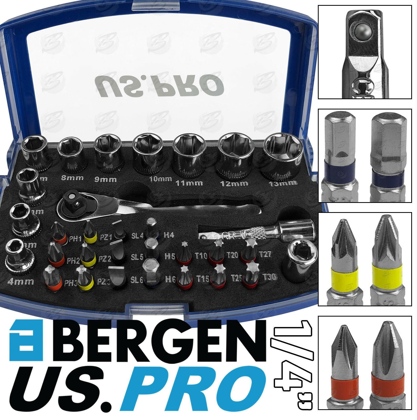 US PRO 31PCS 1/4" DRIVE SOCKET & BIT SET 4MM - 13MM