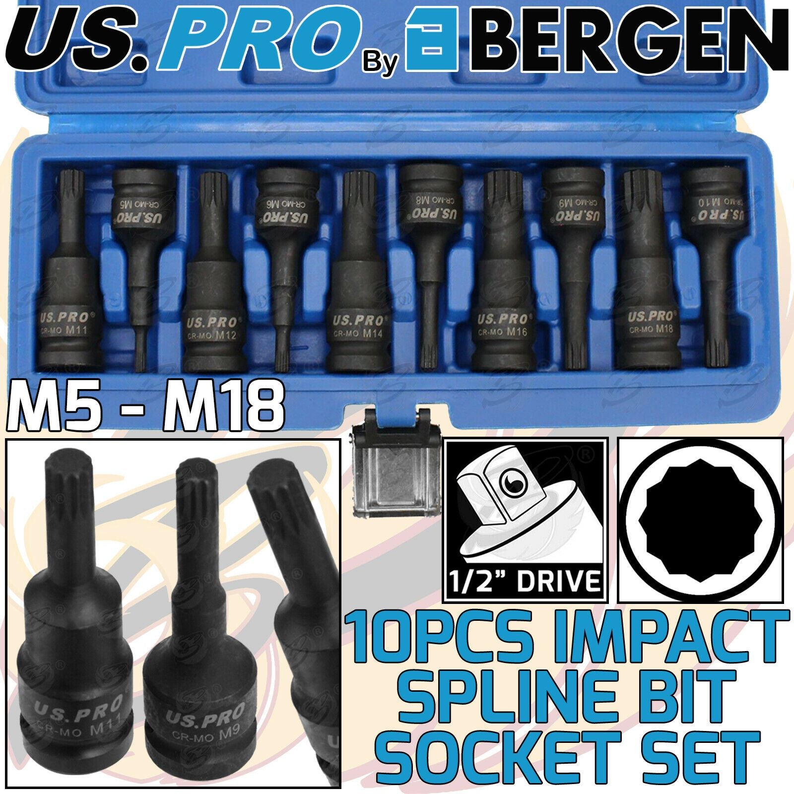 US Pro 10 Piece 1/2" Drive Impact Spline Bit Sockets M5 - M18 3639