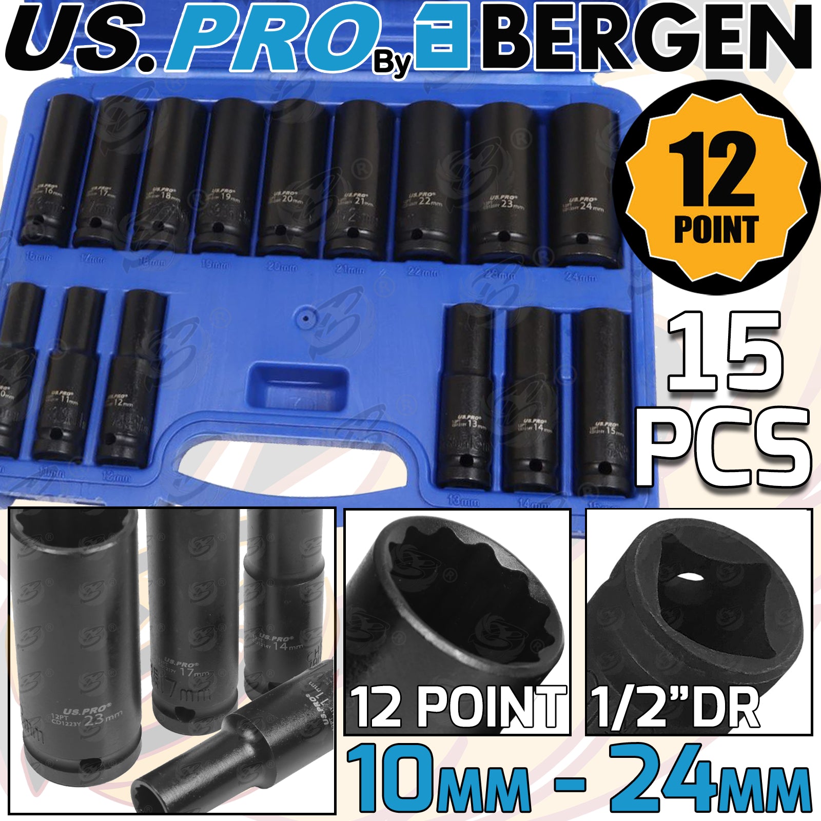 US PRO 15PCS 1/2" DRIVE 12 POINT DEEP IMPACT SOCKETS 10MM - 24MM