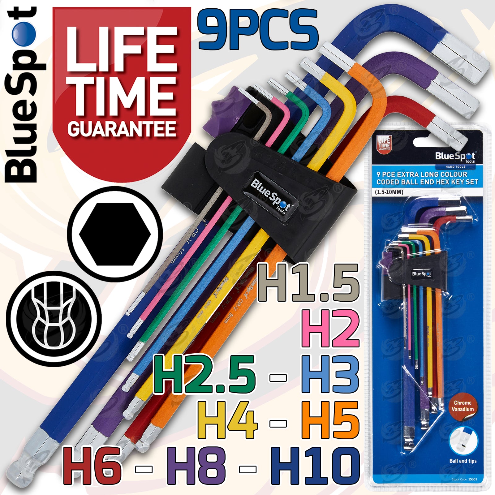 BLUESPOT 9PCS EXTRA LONG COLOUR CODED BALL END HEX KEY SET ( H1.5 - H10 )