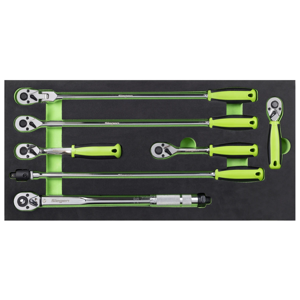 Siegen 7 Piece 3/8" Drive Torque Wrench, Breaker Bar & 72 Tooth Mixed Length, Standards & Flexible Head Ratchet Handle Set In EVA Foam Storage Block With A Manufacturers LifeTime Guarantee S01325