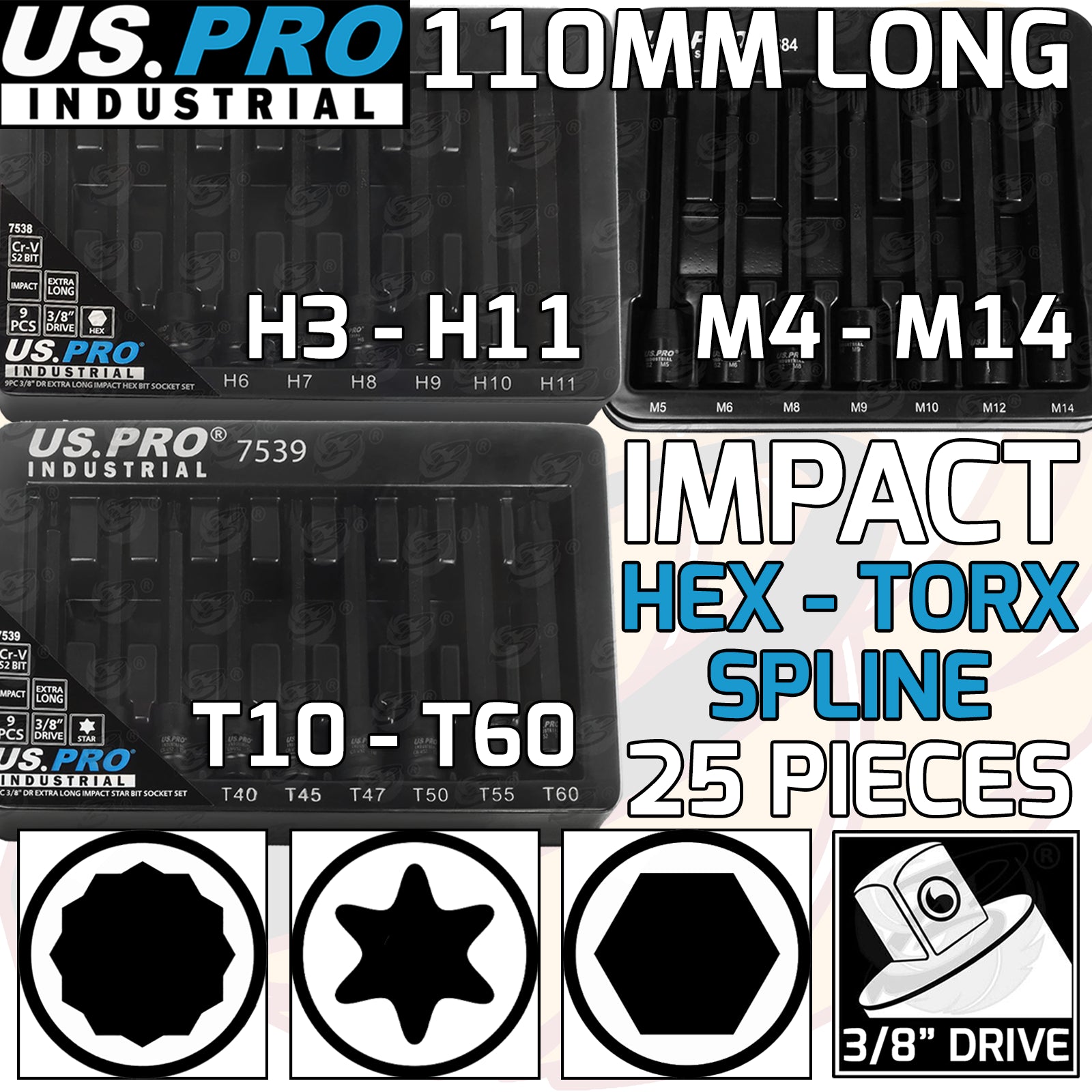 US PRO 25PCS 3/8" DRIVE EXTRA LONG IMPACT HEX - TORX - SPLINE BIT SOCKETS