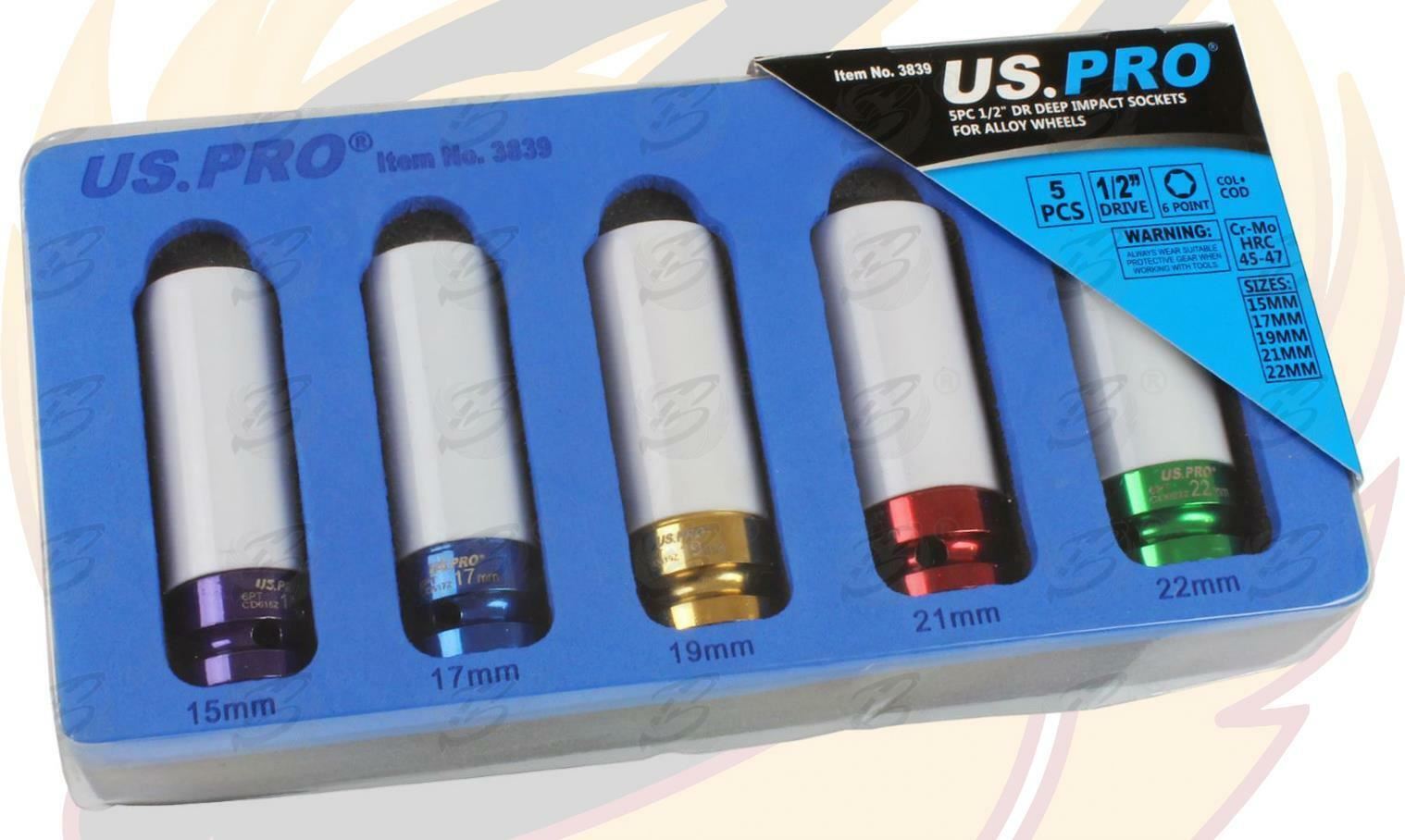 US Pro 5 Piece 1/2" Drive 6 Point Alloy Wheel Nut Sockets 15mm - 22mm  3839