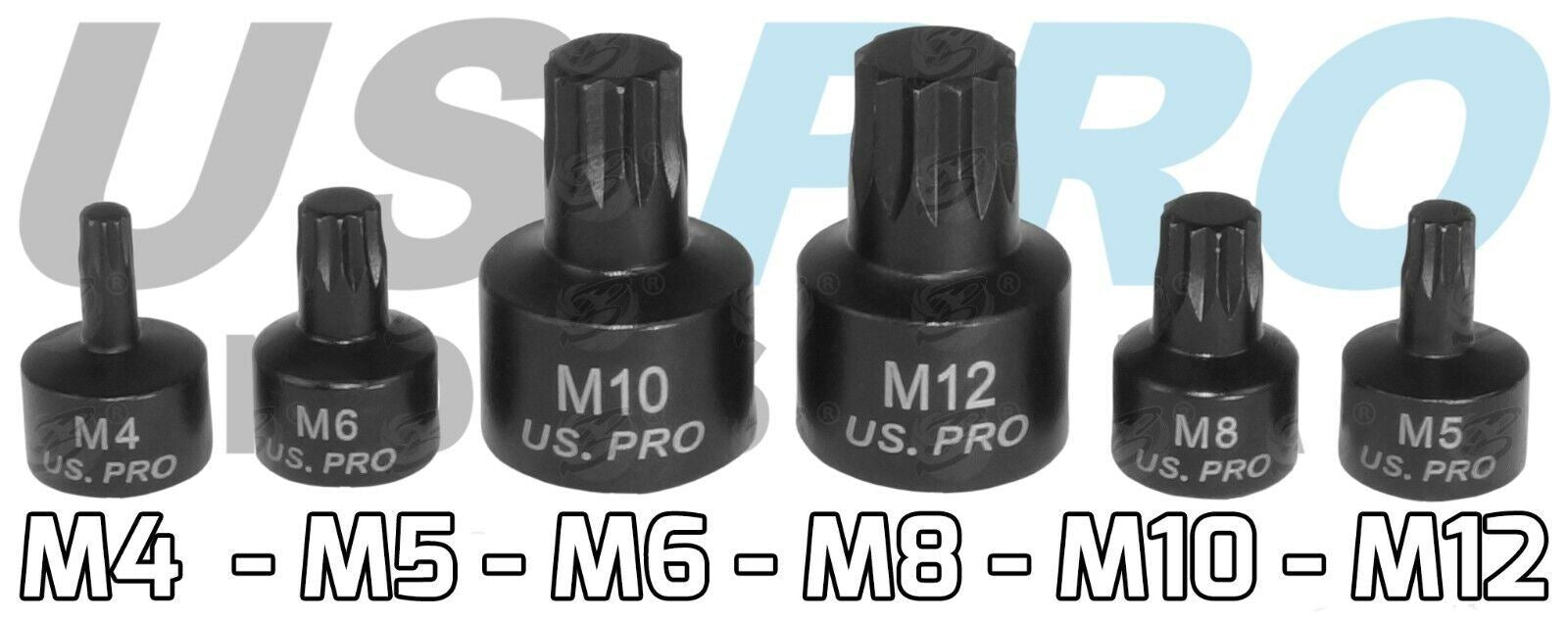 US Pro 9 Piece 1/4" & 3/8" & 1/2" Drive Stubby Impact Spline Bit Sockets M4 - M18 3422
