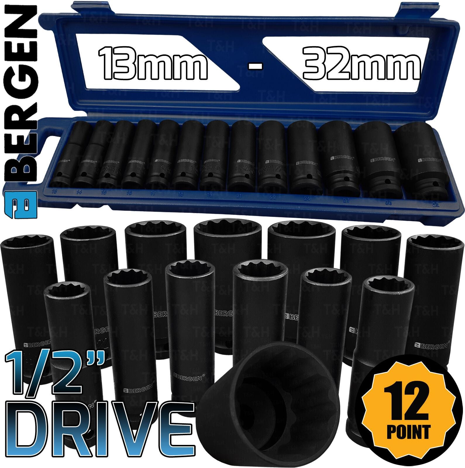 US PRO 13PCS 1/2" DRIVE 12 POINT DEEP IMPACT SOCKETS 13MM - 32MM