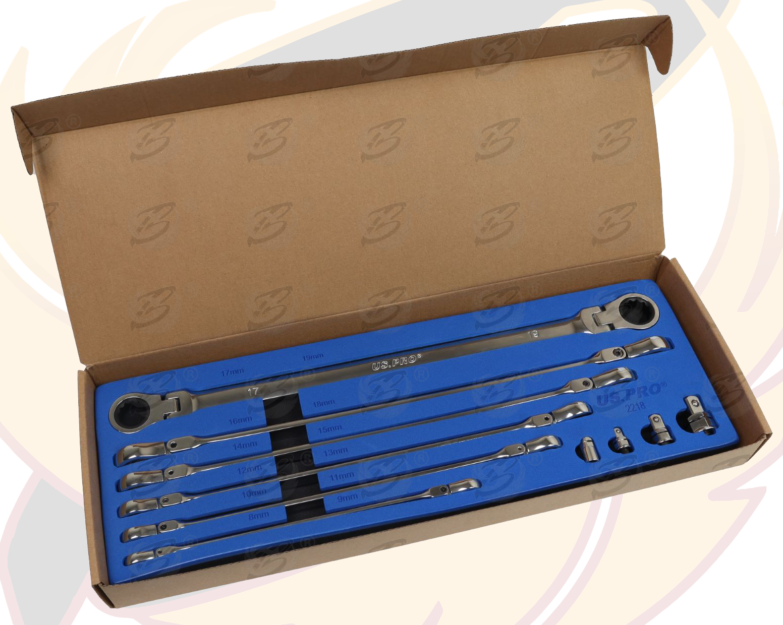 US Pro 10 Piece Double Ring Extra Long Rathcet Aviation Spanners 8mm - 19mm 2218