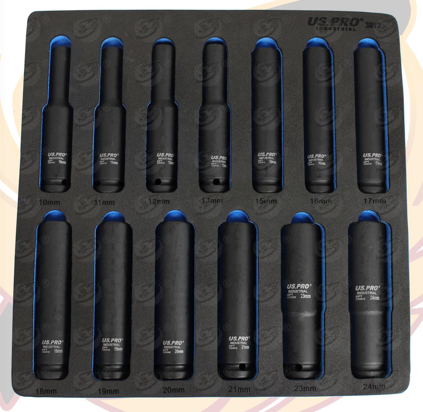US PRO INDUSTRIAL 13PCS 1/2" DRIVE 6 POINT EXTRA DEEP IMPACT SOCKET SET 10MM - 24MM