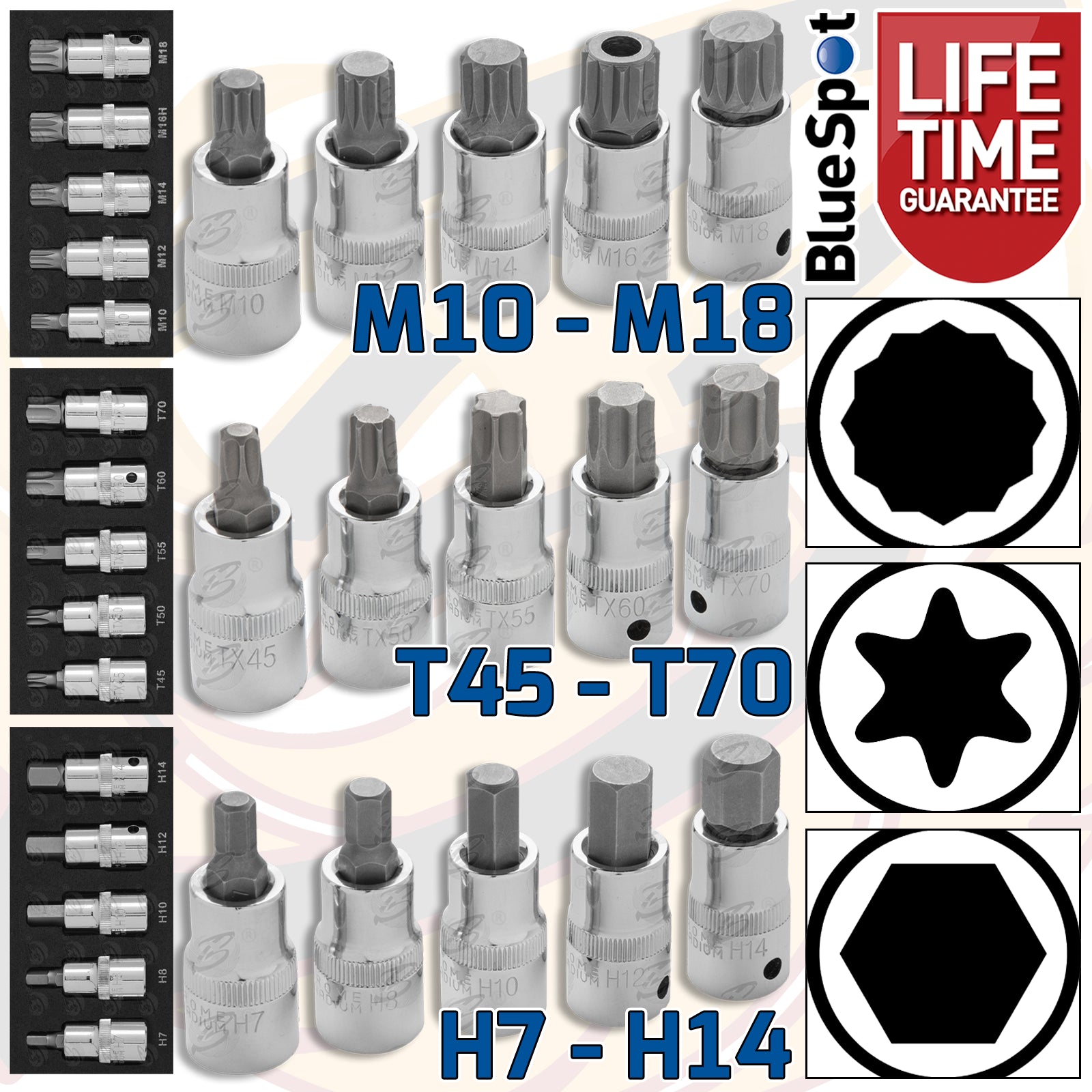 BLUESPOT 15PCS 1/2" DRIVE MIXED BIT SOCKETS ( HEX - TORX - SPLINE )