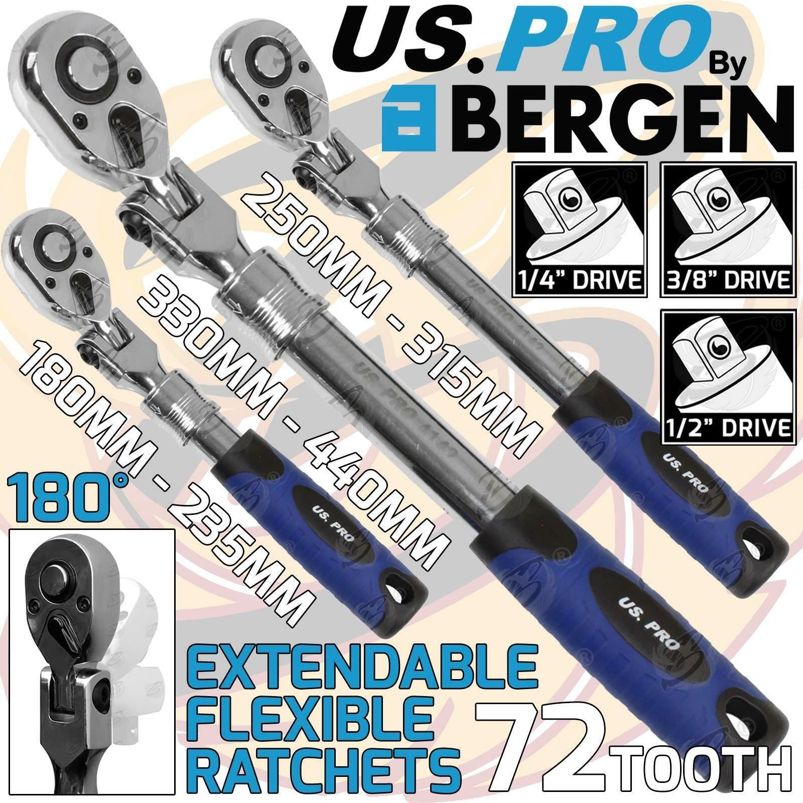 US PRO 3PCS 1/4" & 3/8" & 1/2" DRIVE 72 TOOTH FLEXI EXTENDABLE RATCHET HANDLES