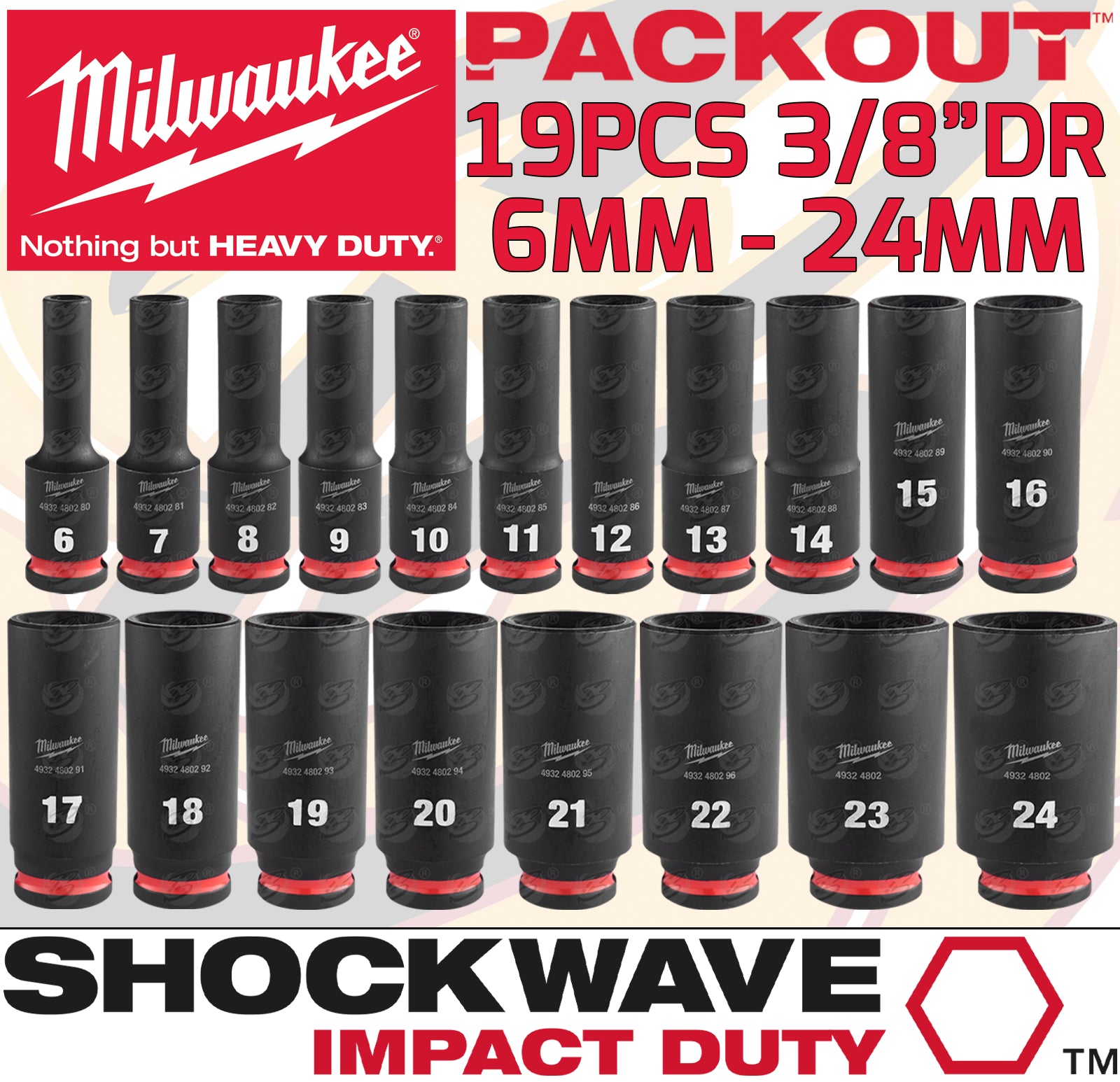 MILWAUKEE 19PCS 3/8" DRIVE 6 POINT DEEP IMPACT SOCKETS 6MM - 24MM IN PACKOUT ( SHOCKWAVE IMPACT DUTY )