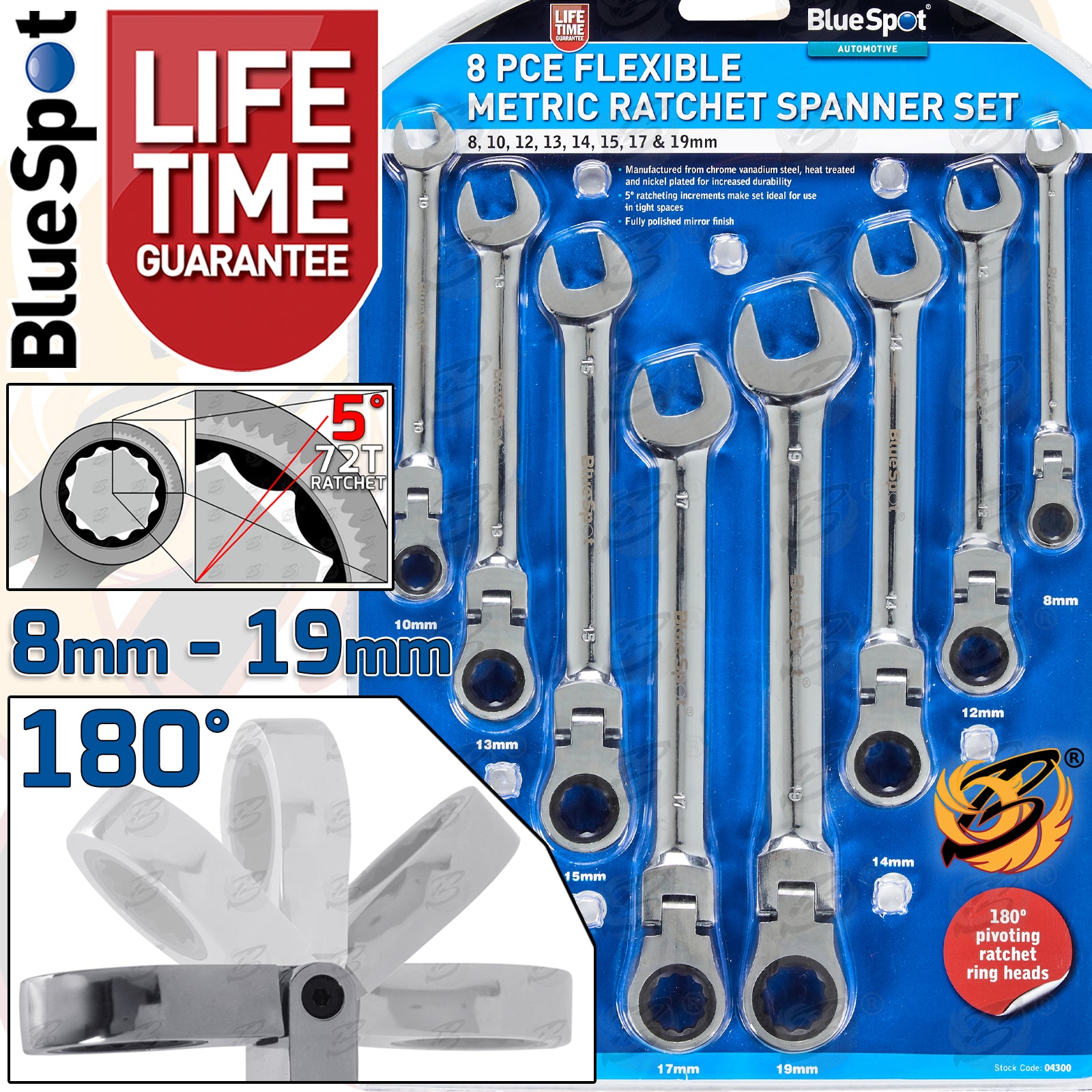 BLUESPOT 8PCS FLEXIBLE RATCHET SPANNER SET 8MM - 19MM