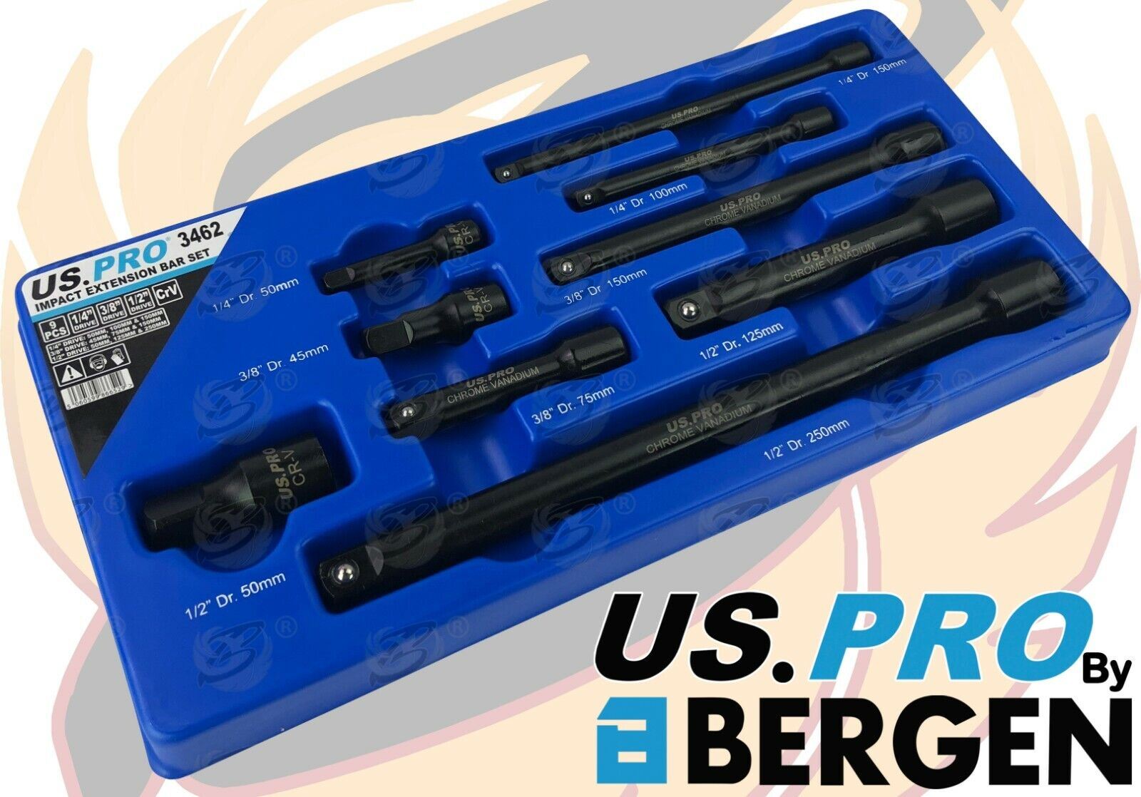 US Pro 9 Piece 1/4" & 3/8" & 1/2" Drive Impact Extension Bars  3462